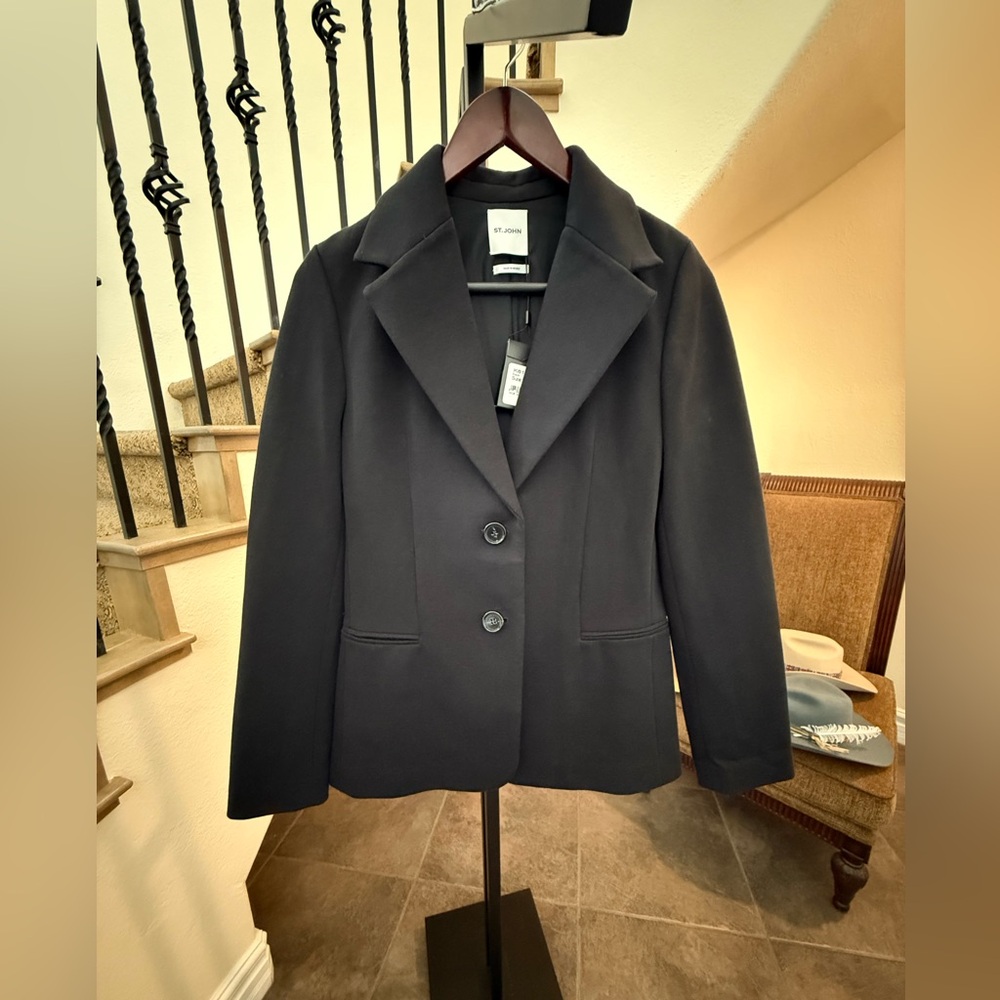 ST. JOHN Black Knit Blazer Jacket NWT Luxury Tailored Two-Button Classic